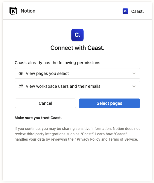 Connexion de Notion à Caast